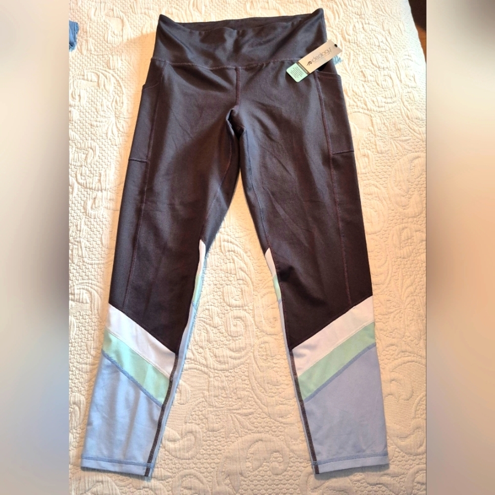 Ideology women's gray ankle leggings white, teal blue color block bottom NWT